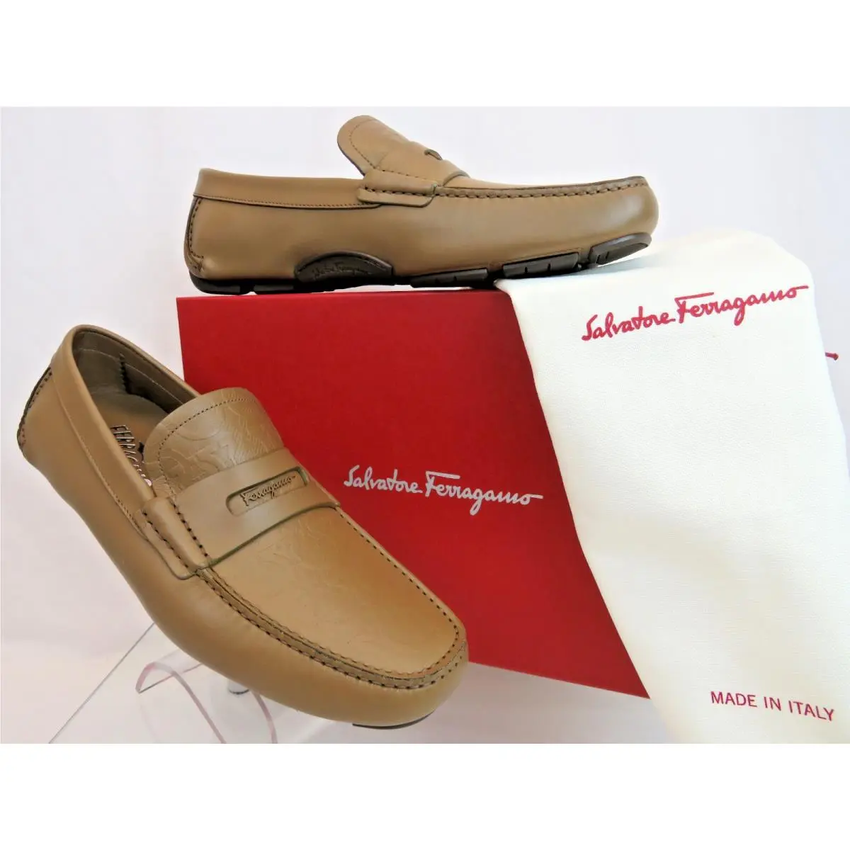 Ferragamo Newton Brown Leather Gancini Embossed Penny Driving Loafers 8.5 D