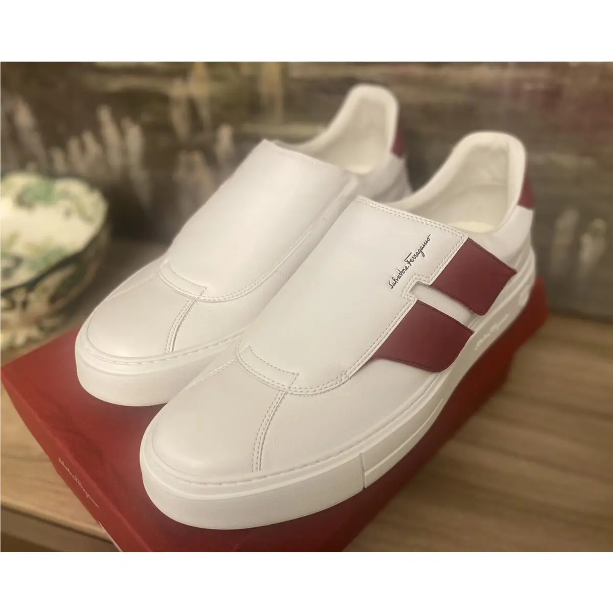 Salvatore Ferragamo Men’s Lima White Leather Gancini Strap Sneakers 11 M