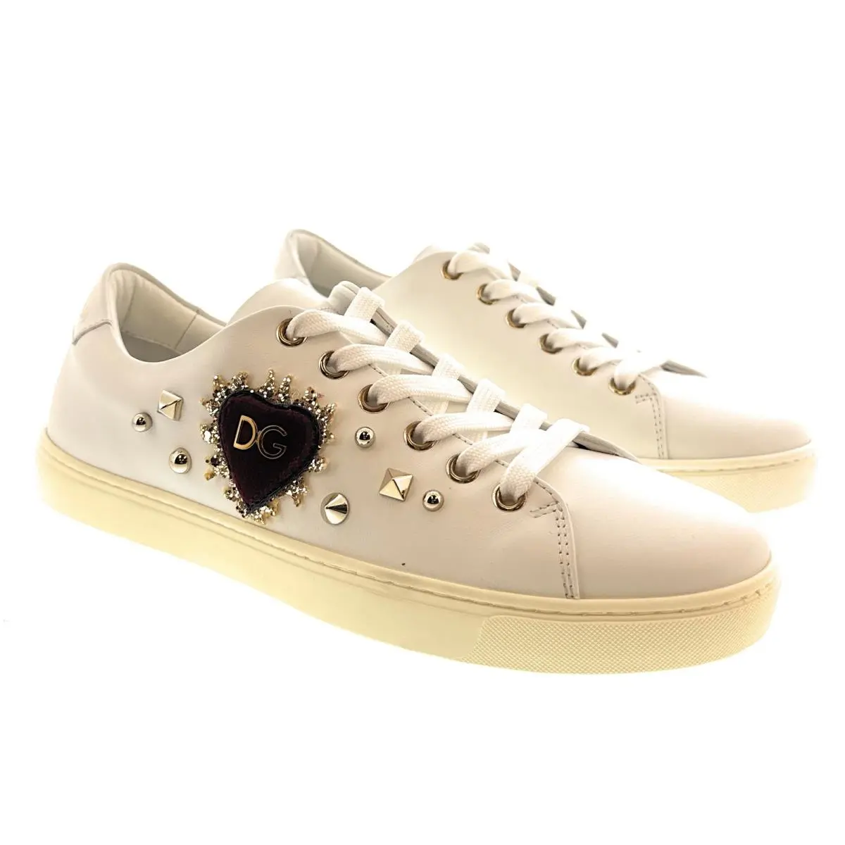Dolce Gabbana White Velvet Heart Patch Womens Lace Up Sneakers-36