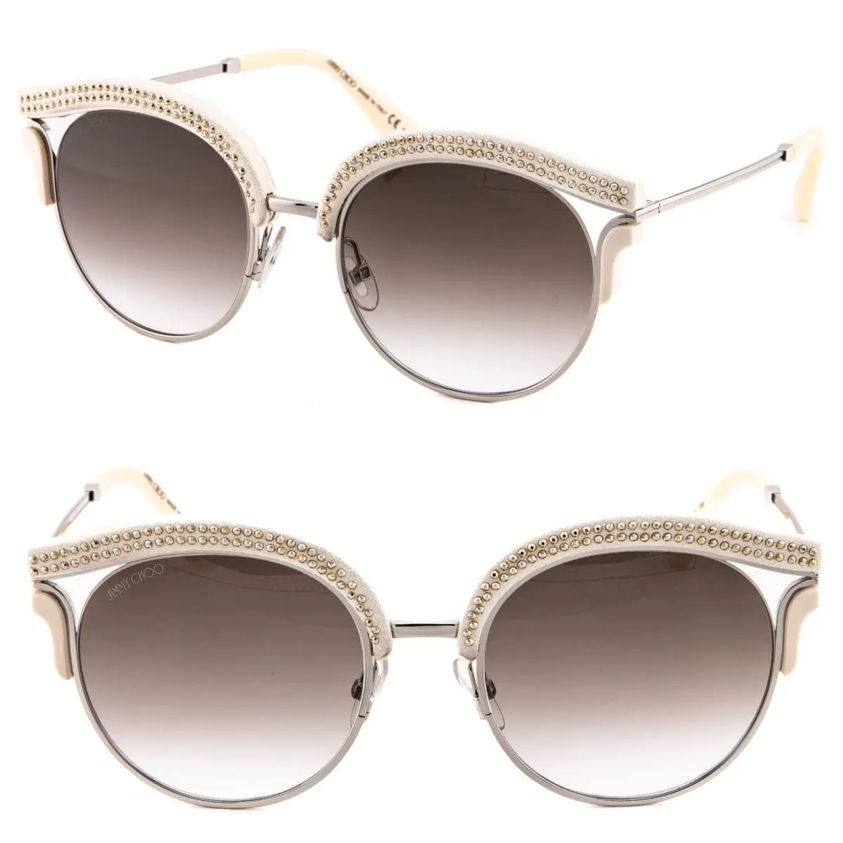 Lash Silver Brown Changable Leather Glitter Stud Metal Round Sunglass by Jimmy Choo