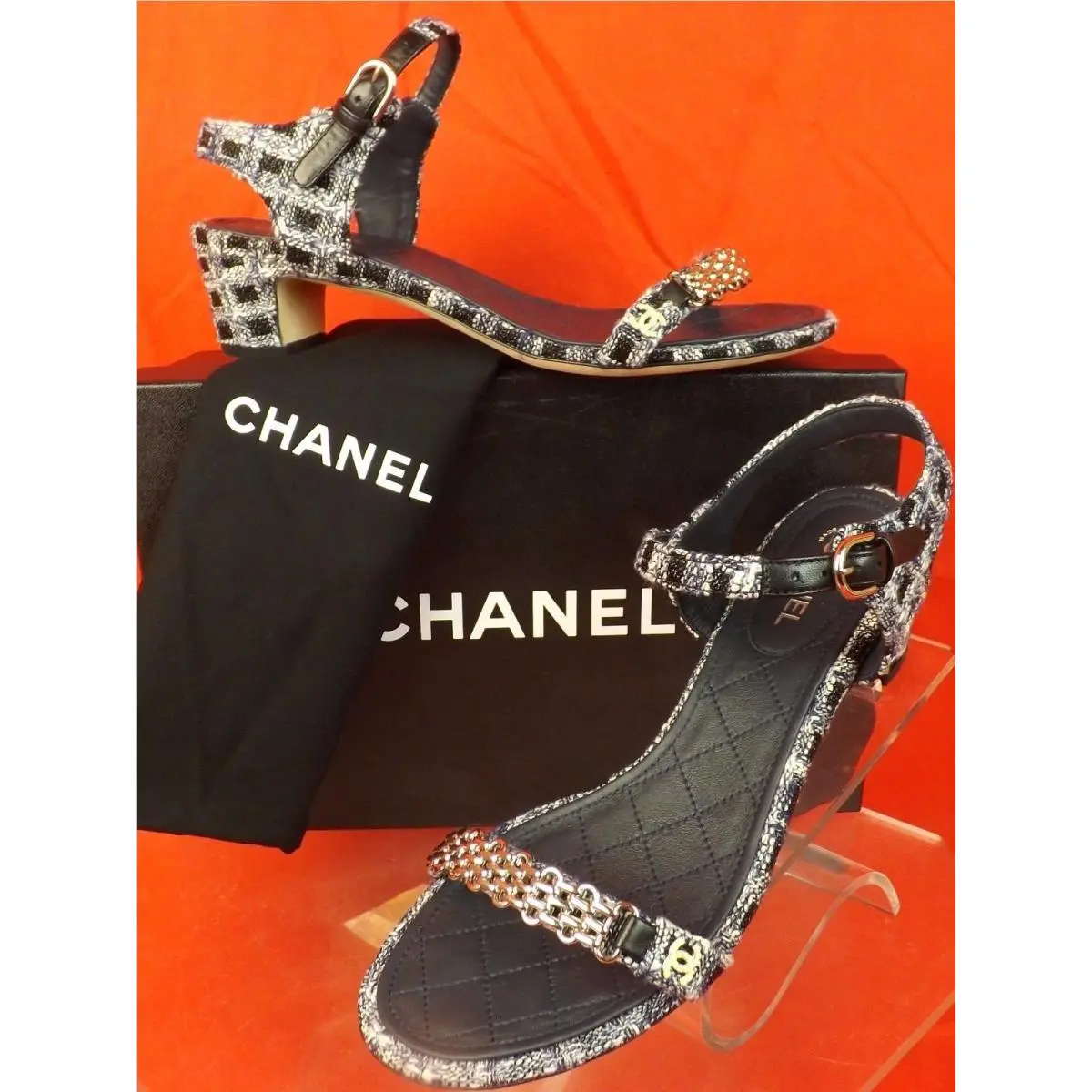 Chanel G31705 Blue Tweed Gold Chain CC Pearl Logo Sandals Low Heel Pumps 39.5
