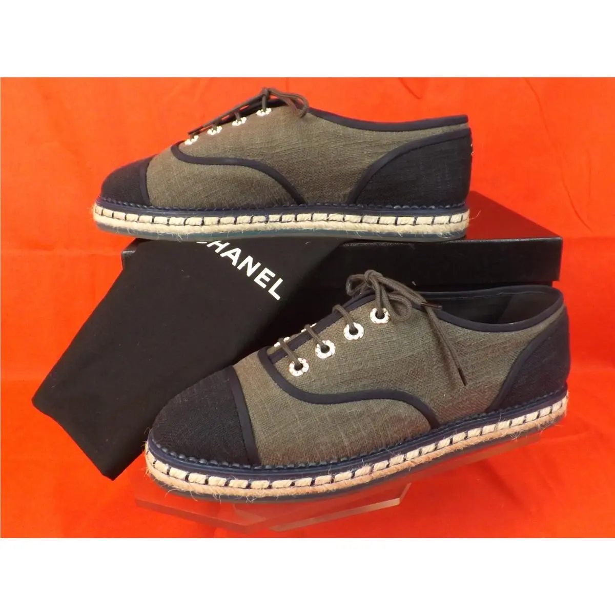 Chanel G31345 Green Black Canvas Pearls CC Espadrille Oxfords Flat 39