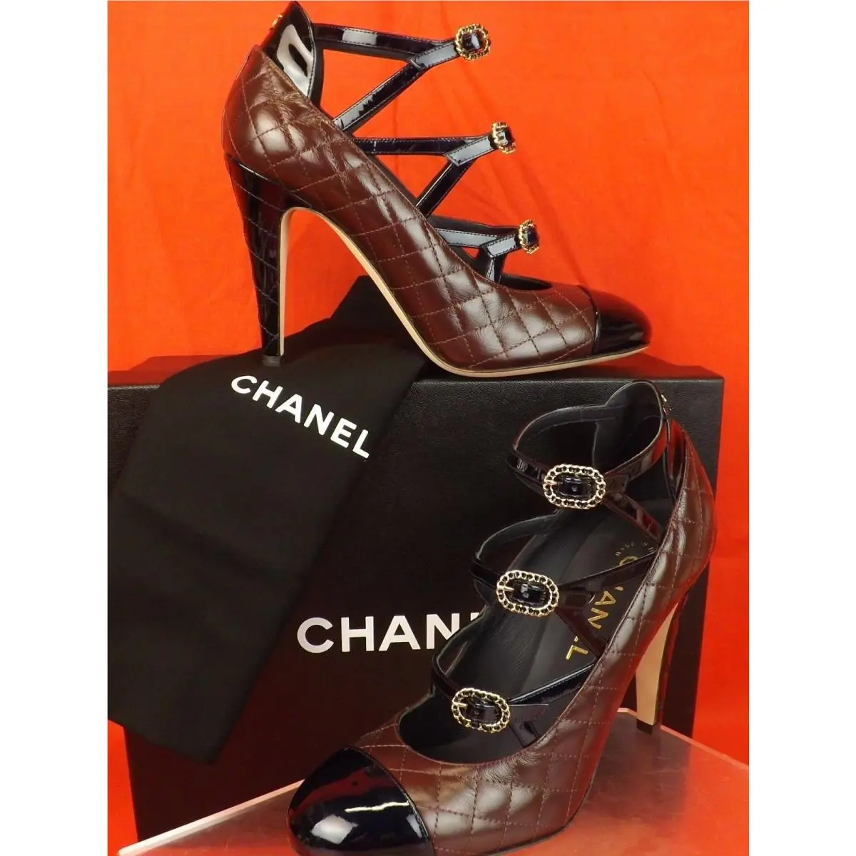 Chanel G32403 Burgundy Navy Quilted Leather CC Logo Buckles Cage Pumps 37