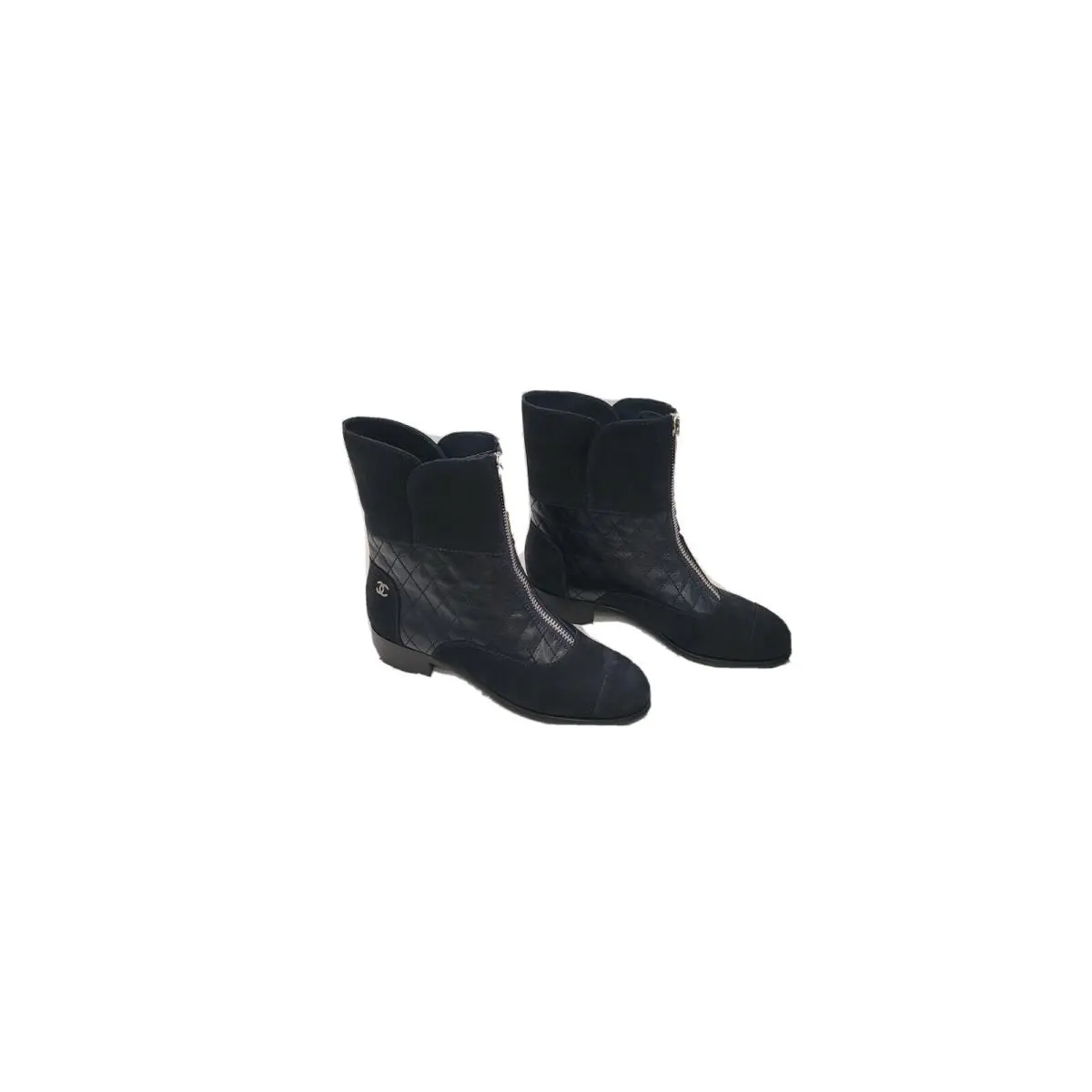 Chanel Black Calfskin and Suede Quilted Zip Front Boots - 38 7
