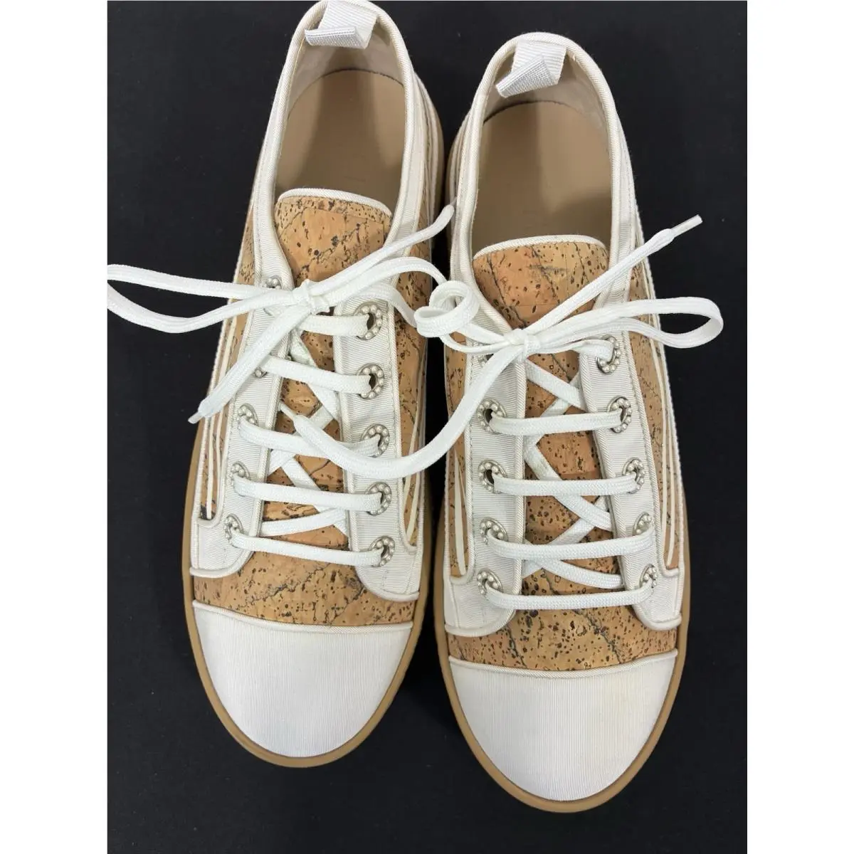 Chanel Size 41 White and Tan Cork Pattern Sneakers Tennis Shoes