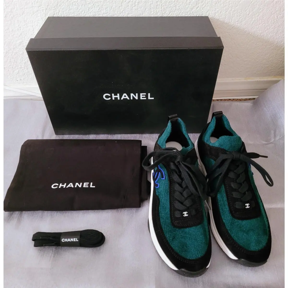 Chanel Sneakers Lace UP Fabric Suede Calfskin Black Dark Green SZ 7.5