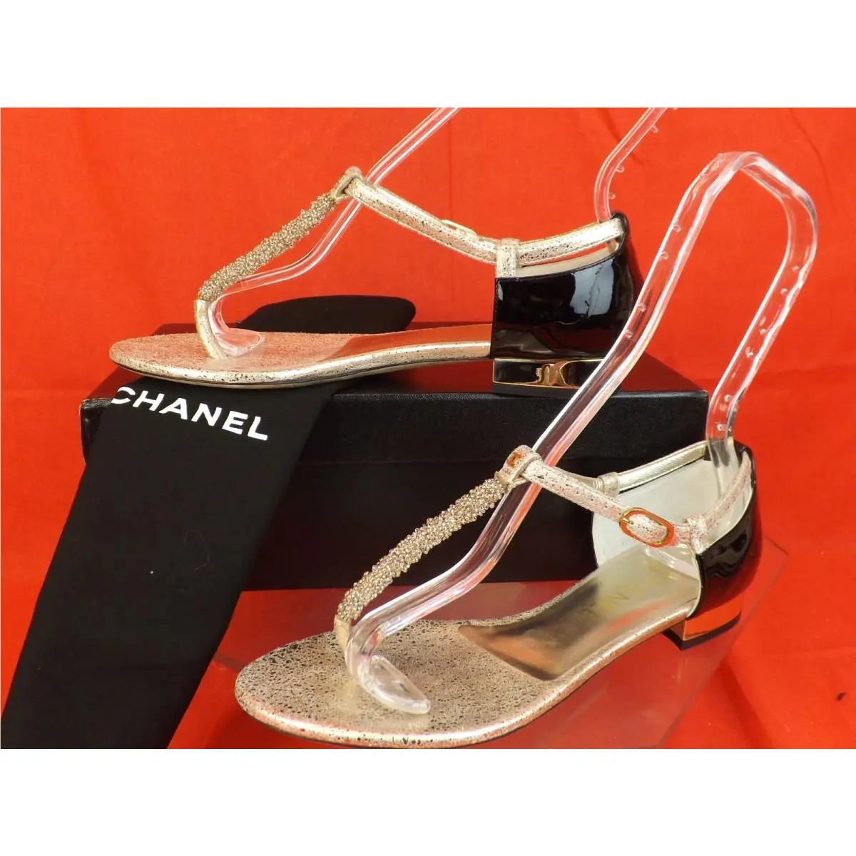 Chanel Gold Beaded Black Patent Leather CC Thong Mirror Heel Sandals 37