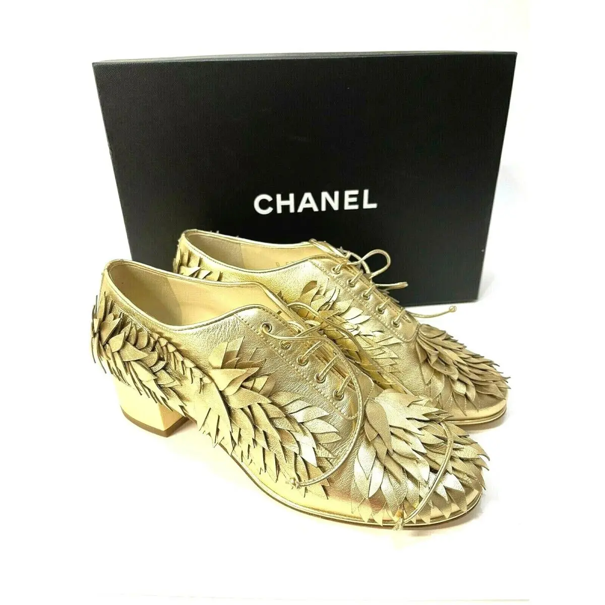 Chanel Gold Leather Shoes Lace up G32379 OG 351 Size 36 1/2 Italy