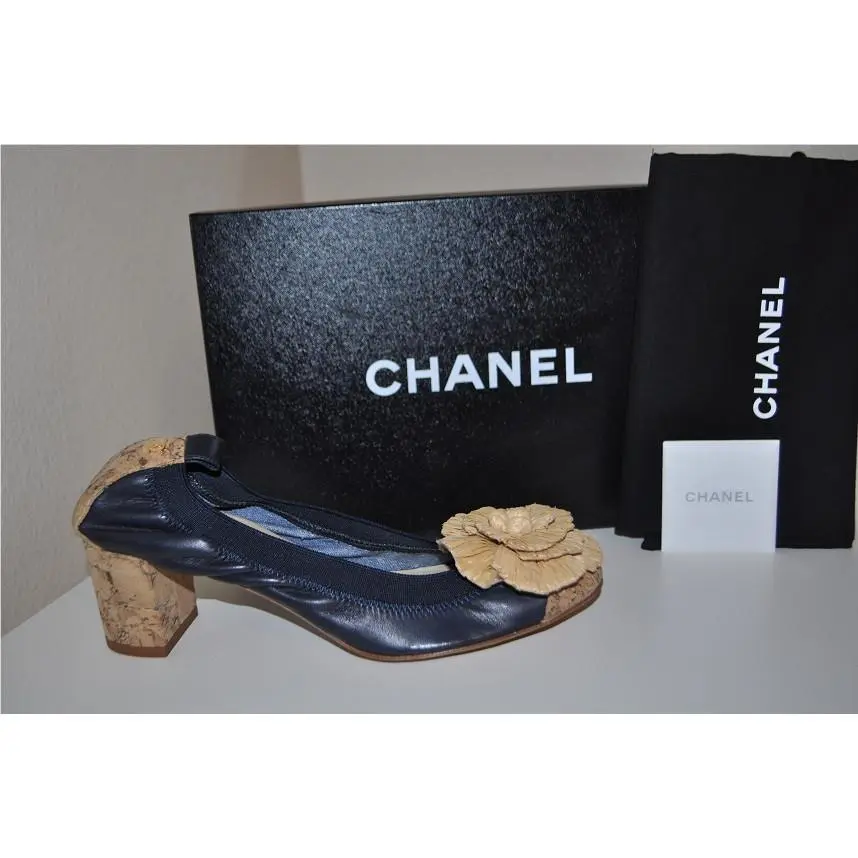 Chanel Blue Leather Straw Flower Cap Toe Cork Heels Pump Shoes Eur 38