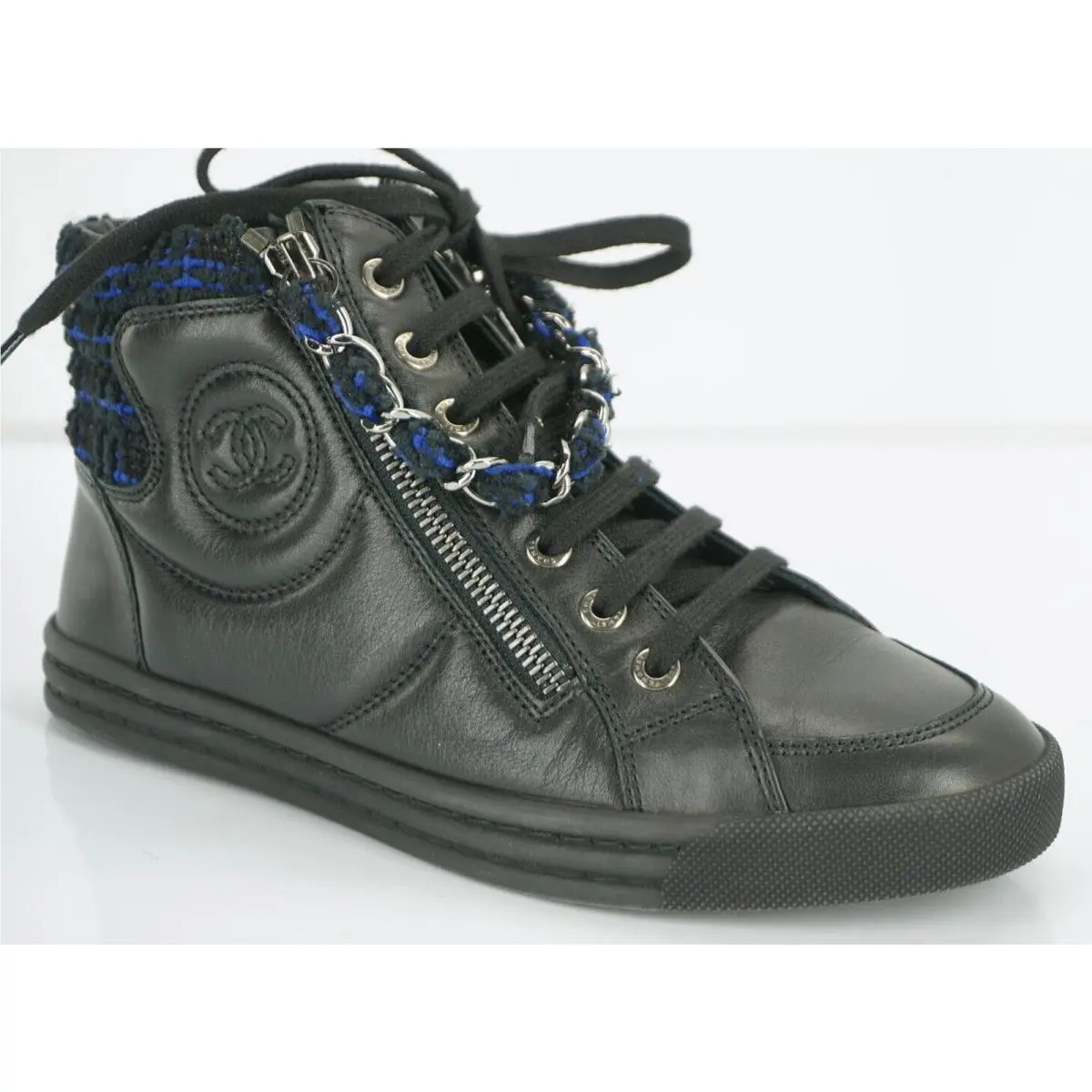 Chanel Black Leather XL CC Logo High Top Sneaker SZ 35 Chain Zip Tweed