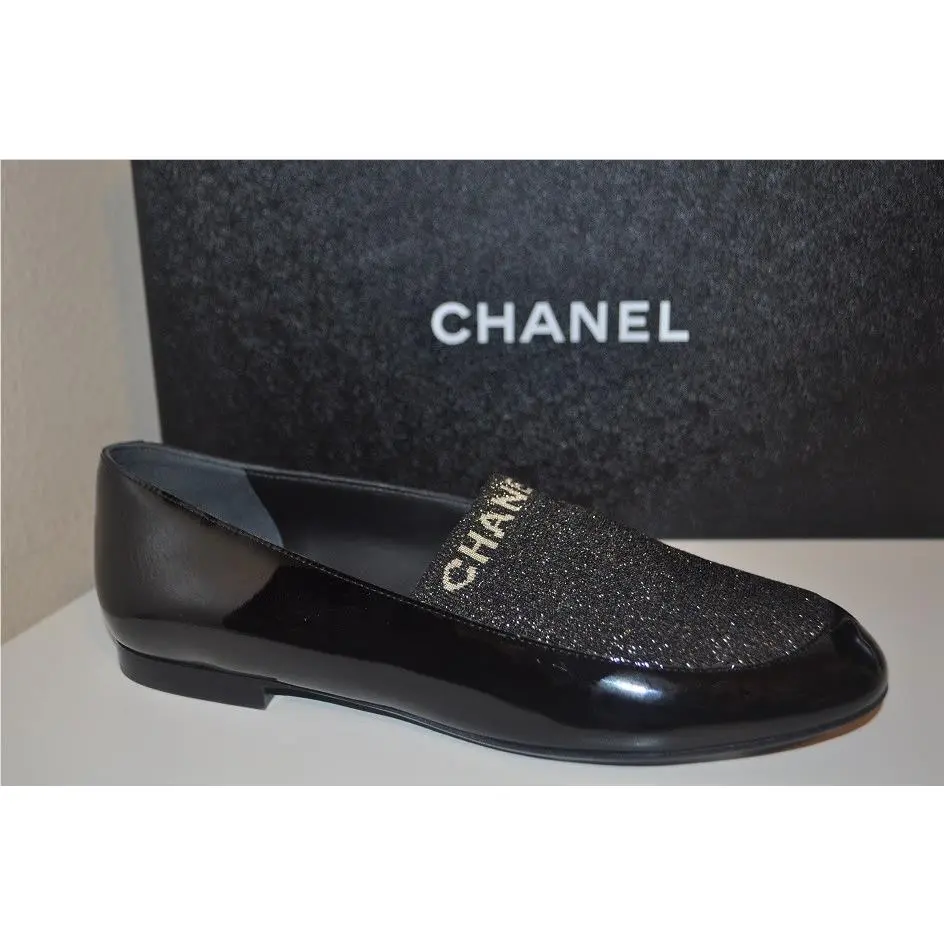 Chanel 17B Socky CC Loafer Flat Shoe Black Patent Gold Fabric EU 38 7.5 US