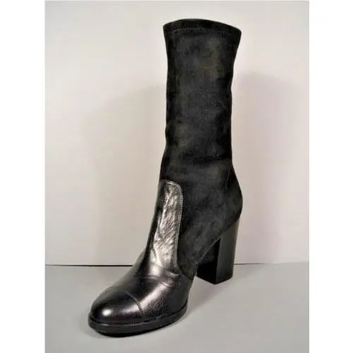 Chanel Black Leather Suede Round Toe Bootie Short Ankle Boots 36.5