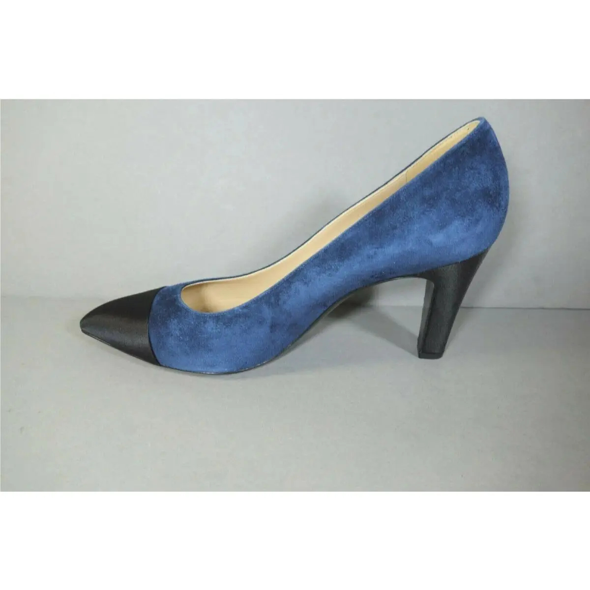 Chanel 37 Navy Suede Satin Black Cap Point Toe Pumps Heels Gabrielle Coco CC