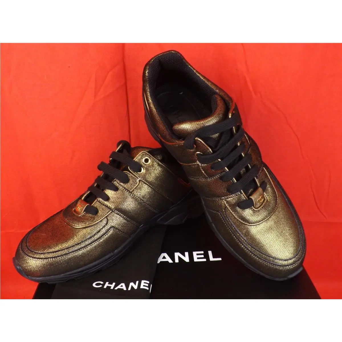 Chanel G31711 Golden Brown Black Fabric Leather CC Logo Lace Sneakers 40.5
