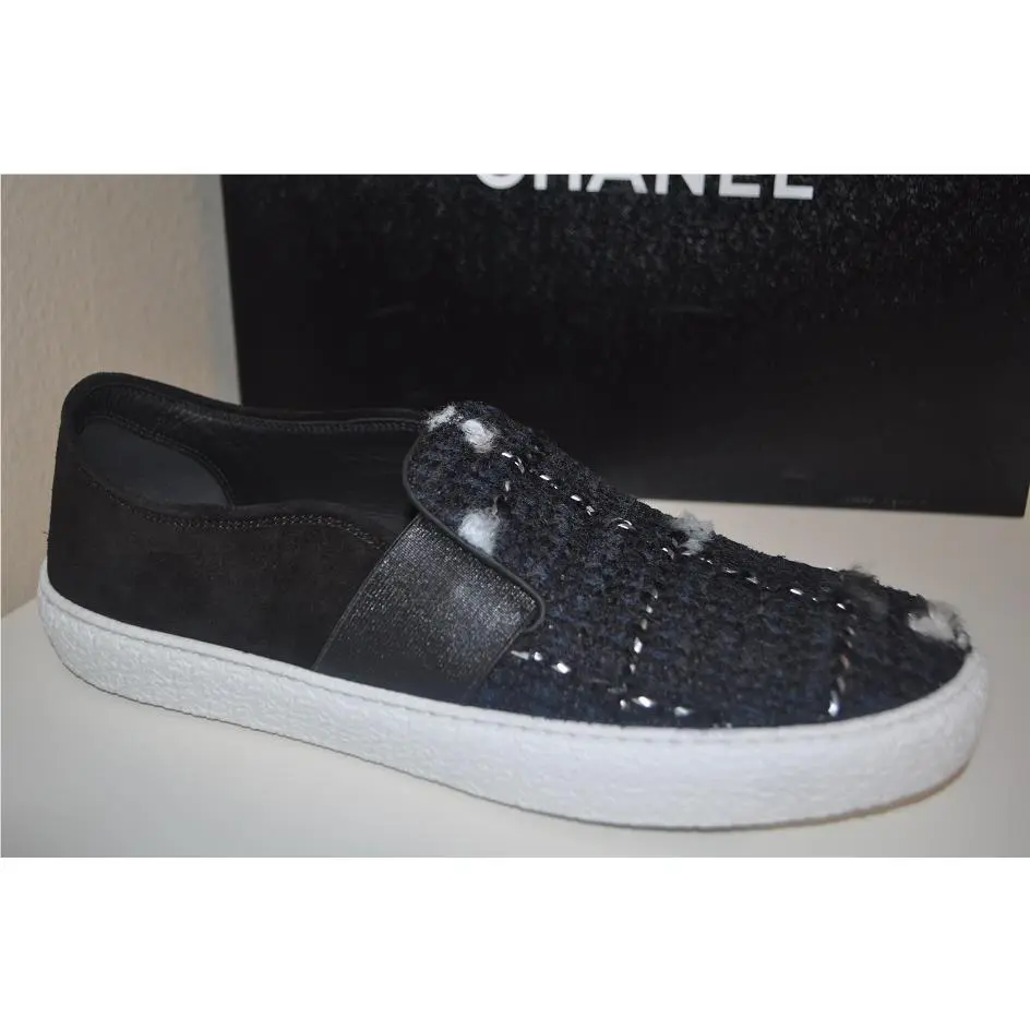 Chanel 16B Black Blue Silver Tweed Suede CC Logo Slip On Sneakers Flat Shoe 36.5