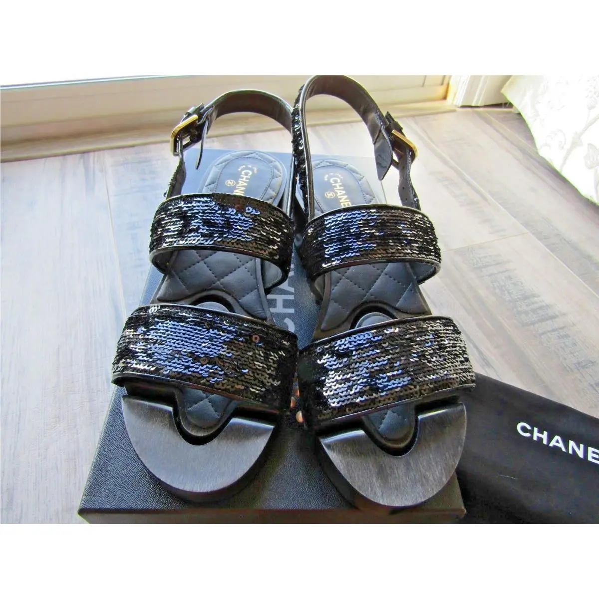 Chanel 16C Black Sequins Sandals Size EU 37.5