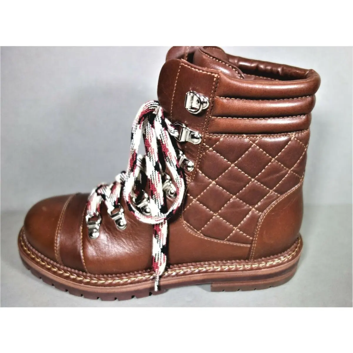 Chanel 36 Lace Up CC Brown Quilted Leather Biker Ankle Boots Booties Moto