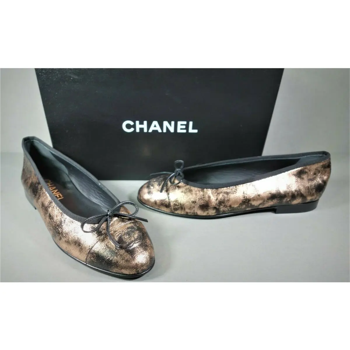 Chanel 36 Bronze Black Laminated Goatskin Ballet Ballerina Flats Cap Toe CC