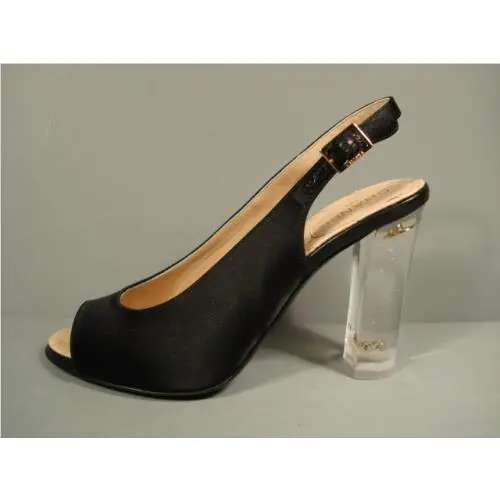 Chanel Runway Black Satin Lucite Heel Gold Glitter Open Toe Pumps Sandals 37
