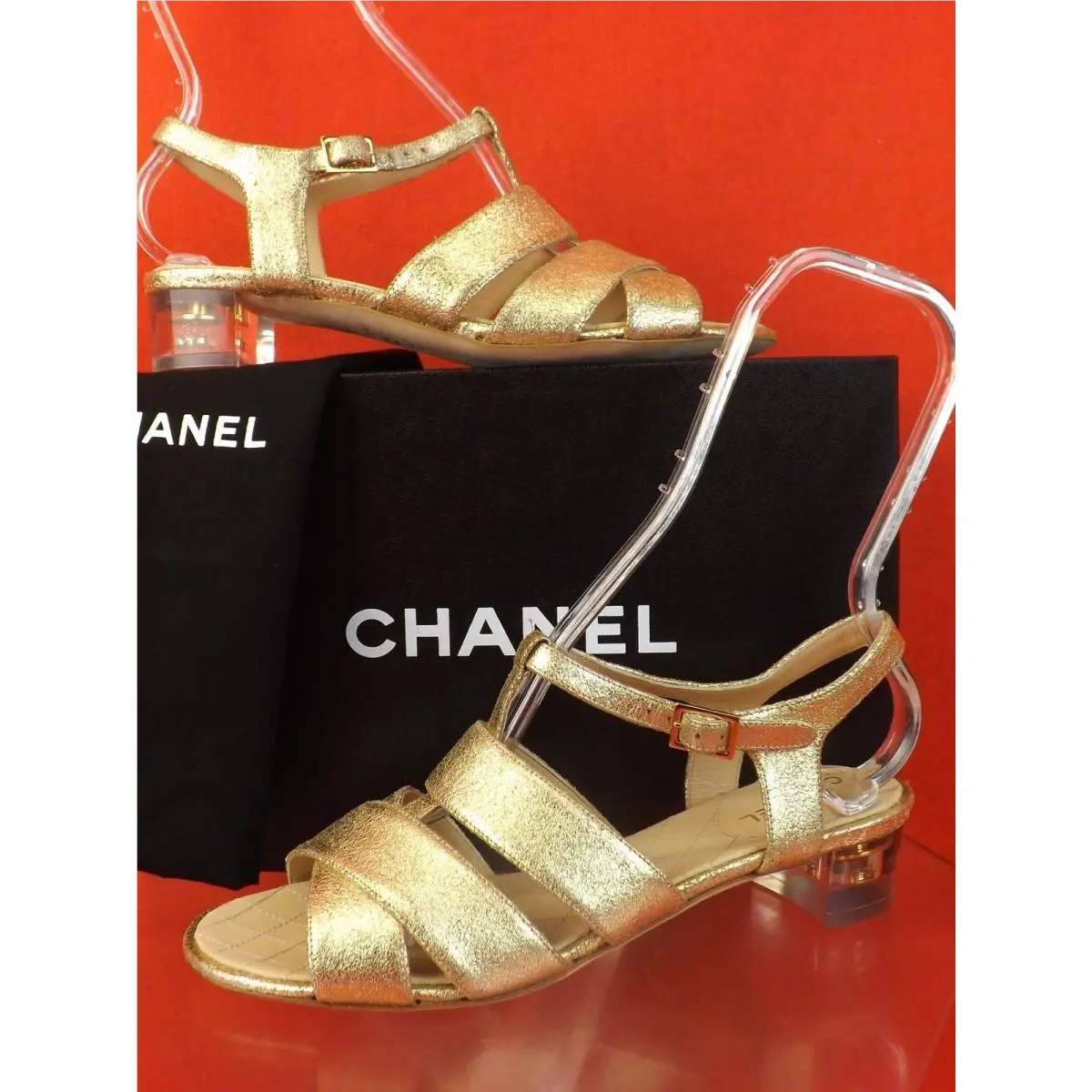 Chanel G30585 Gold Shimmer Suede Strappy CC Logo Lucite Heel Sandals 36.5
