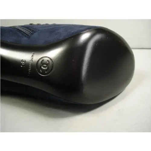 Chanel shoes - Chanel short boots - short boots - Blue, s: Black Cap Toe & Woven & Navy Blue Suede (UPC: 3572631986383) 9