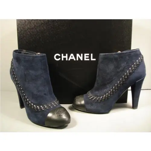 Chanel shoes - Chanel short boots - short boots - Blue, s: Black Cap Toe & Woven & Navy Blue Suede (UPC: 3572631986383) 1