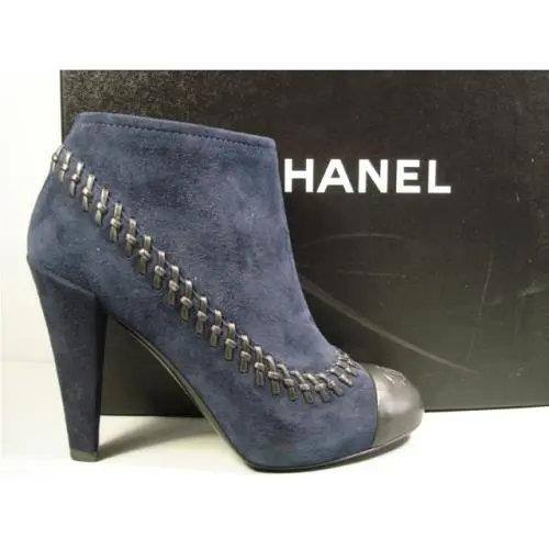 Chanel shoes - Chanel short boots - short boots - Blue, s: Black Cap Toe & Woven & Navy Blue Suede (UPC: 3572631986383) 2