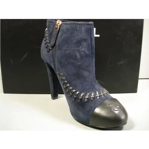 Chanel shoes - Chanel short boots - short boots - Blue, s: Black Cap Toe & Woven & Navy Blue Suede (UPC: 3572631986383) 8