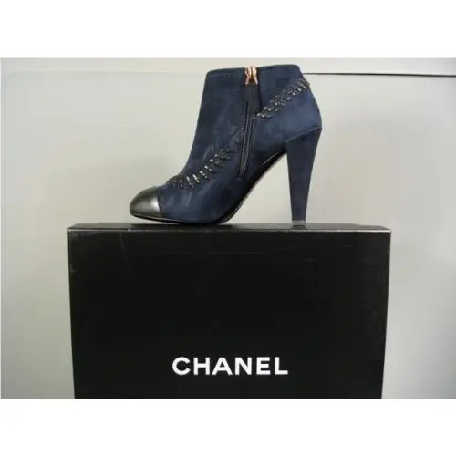 Chanel shoes - Chanel short boots - short boots - Blue, s: Black Cap Toe & Woven & Navy Blue Suede (UPC: 3572631986383) 0