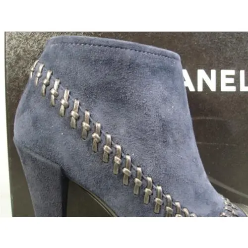 Chanel shoes - Chanel short boots - short boots - Blue, s: Black Cap Toe & Woven & Navy Blue Suede (UPC: 3572631986383) 3