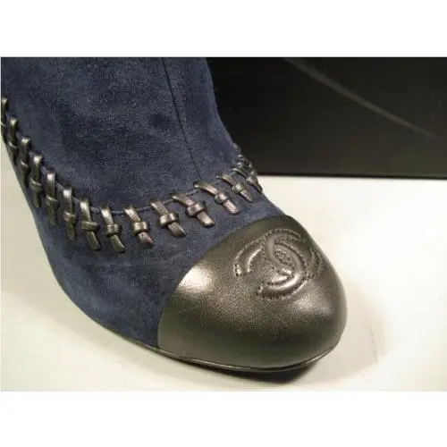 Chanel shoes - Chanel short boots - short boots - Blue, s: Black Cap Toe & Woven & Navy Blue Suede (UPC: 3572631986383) 4
