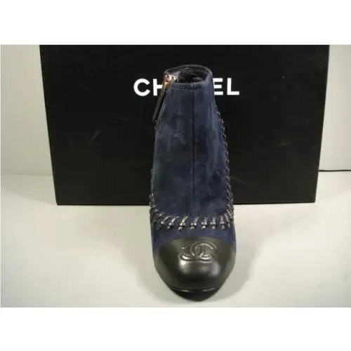 Chanel shoes - Chanel short boots - short boots - Blue, s: Black Cap Toe & Woven & Navy Blue Suede (UPC: 3572631986383) 7