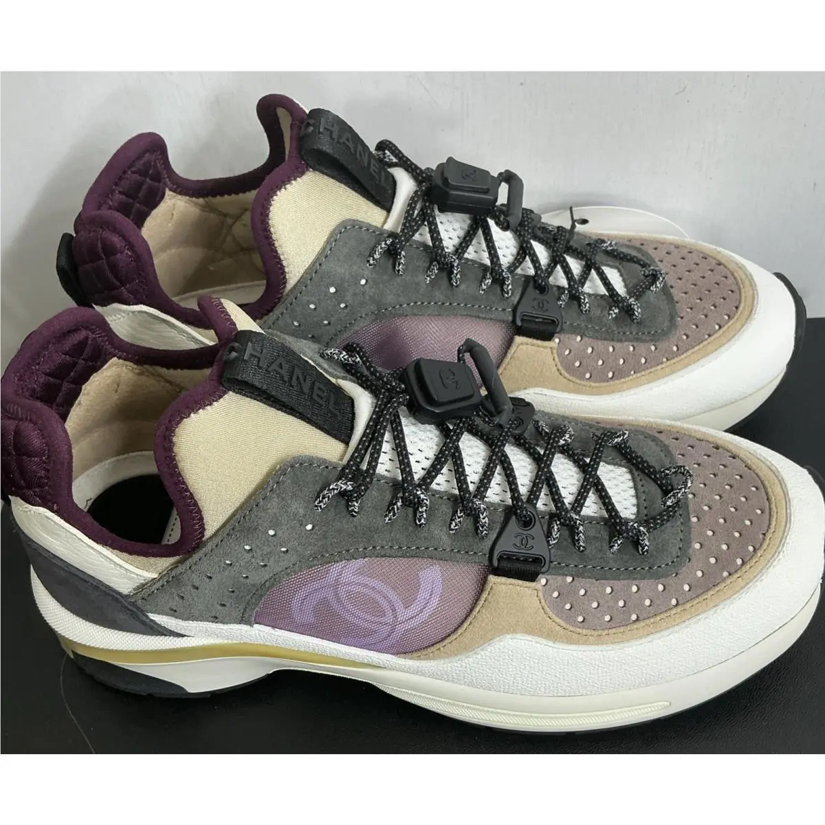 Chanel Sneaker Purple and Ecru/gray Lace Up Low Top Size 37