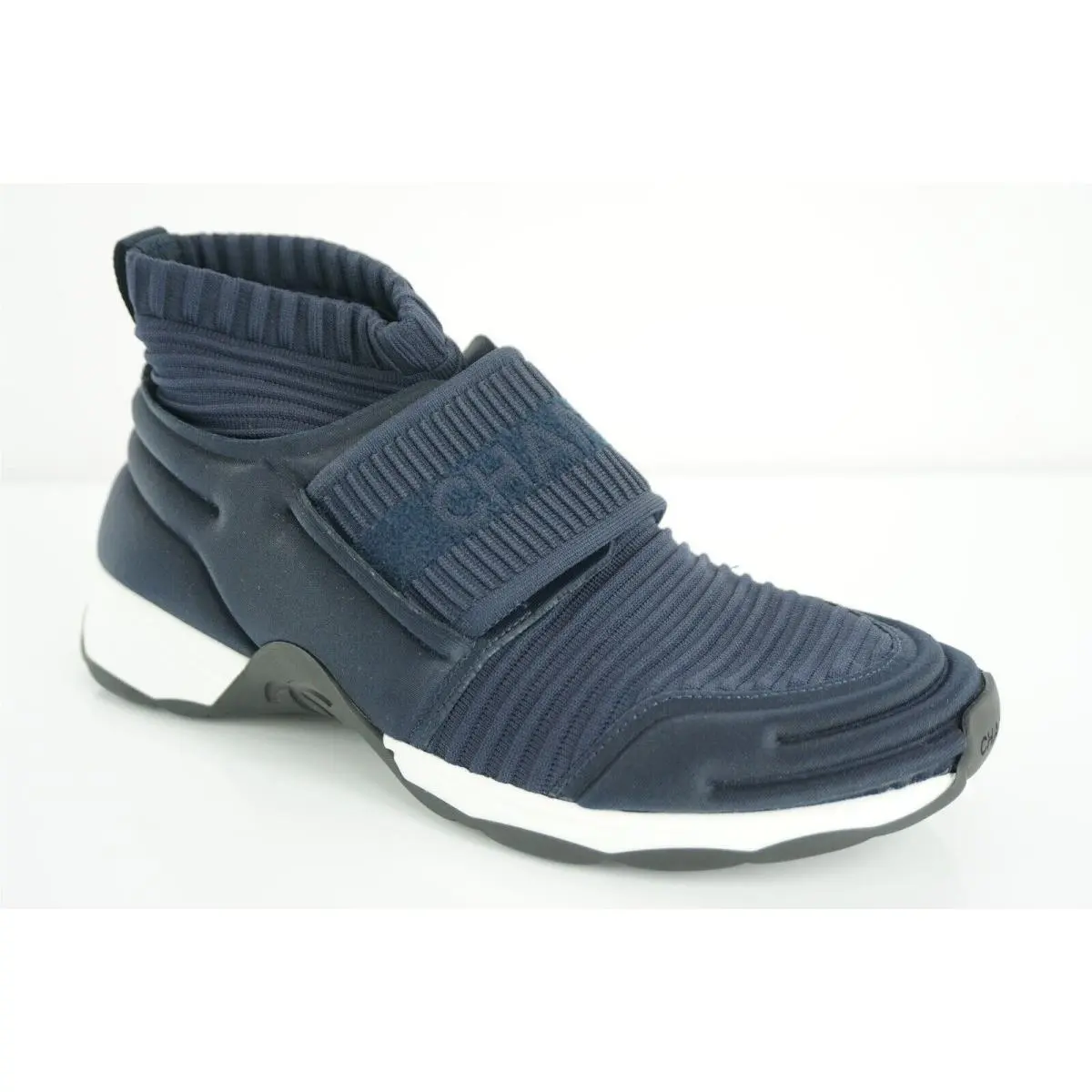 Chanel Navy Blue Stretch Fabric CC Logo High Top Sneaker SZ 36 Sock Style