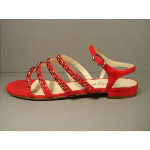 Chanel 36/5.5 Red Leather 4 Straps Silver Woven Chain CC Sandals Flats