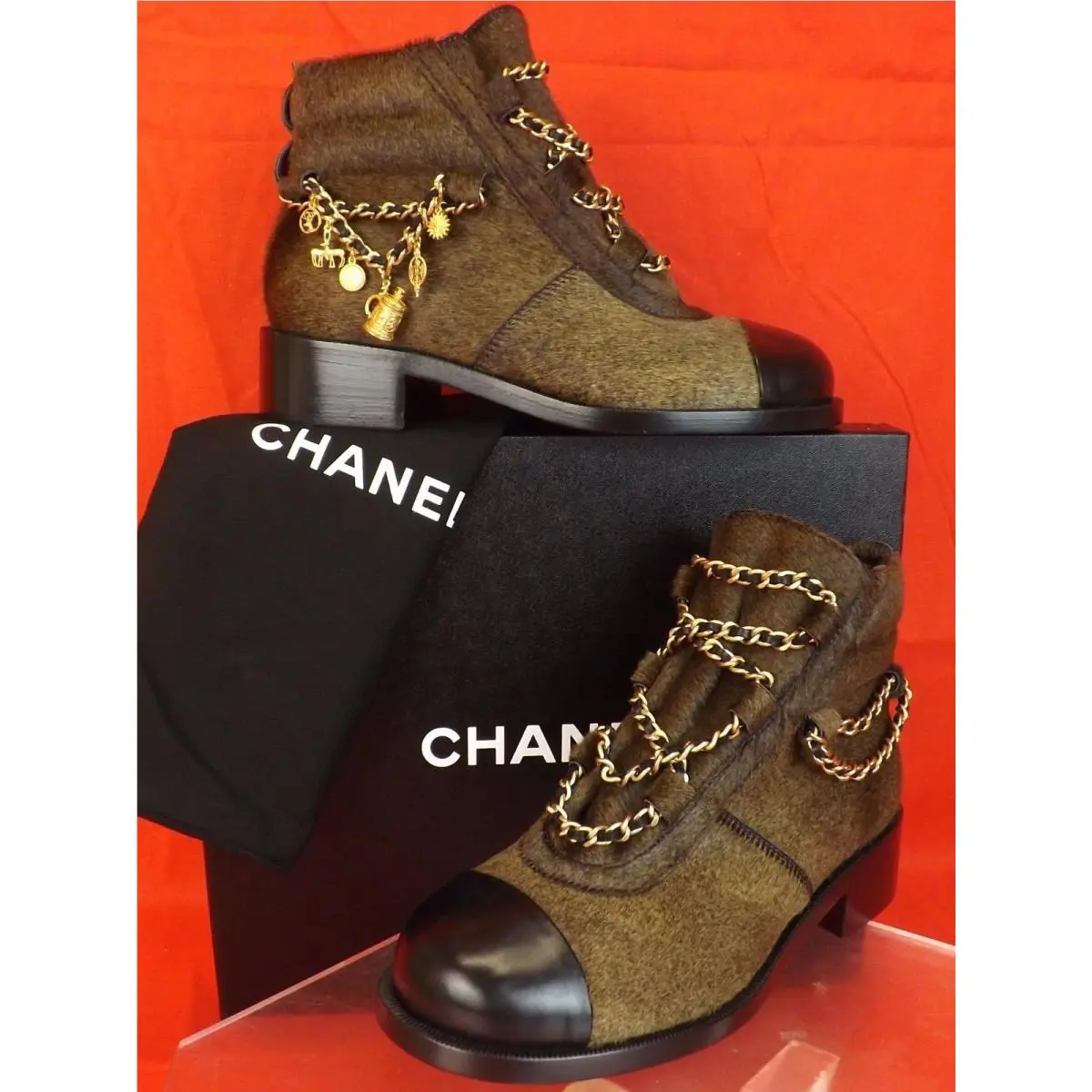 Chanel Brown Gold Charms Chain Black Cap Toe Pony Hair Ankle Boots 37.5 $2K
