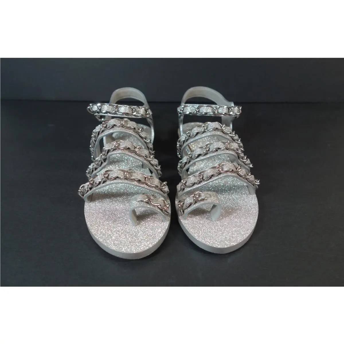 Chanel shoes - Flat woven chain sandals - Flat woven chain sandals - Gray, s: Metallic Silver or Light Grey/Gray (UPC: 3572637736258) 1