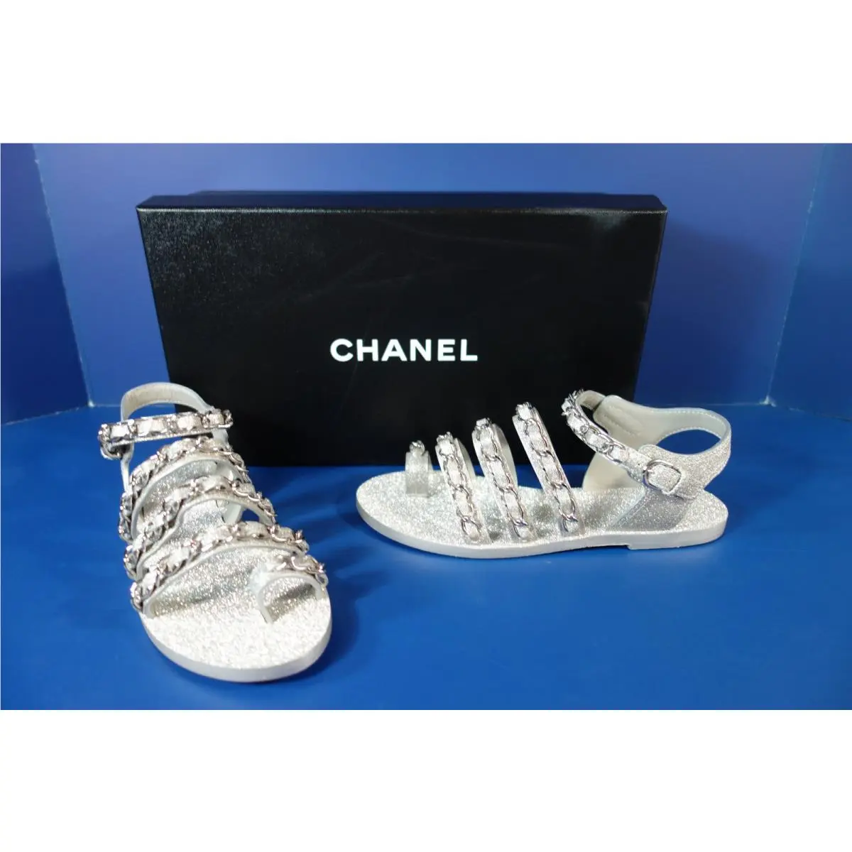 Chanel shoes - Flat woven chain sandals - Flat woven chain sandals - Gray, s: Metallic Silver or Light Grey/Gray (UPC: 3572637736258) 4
