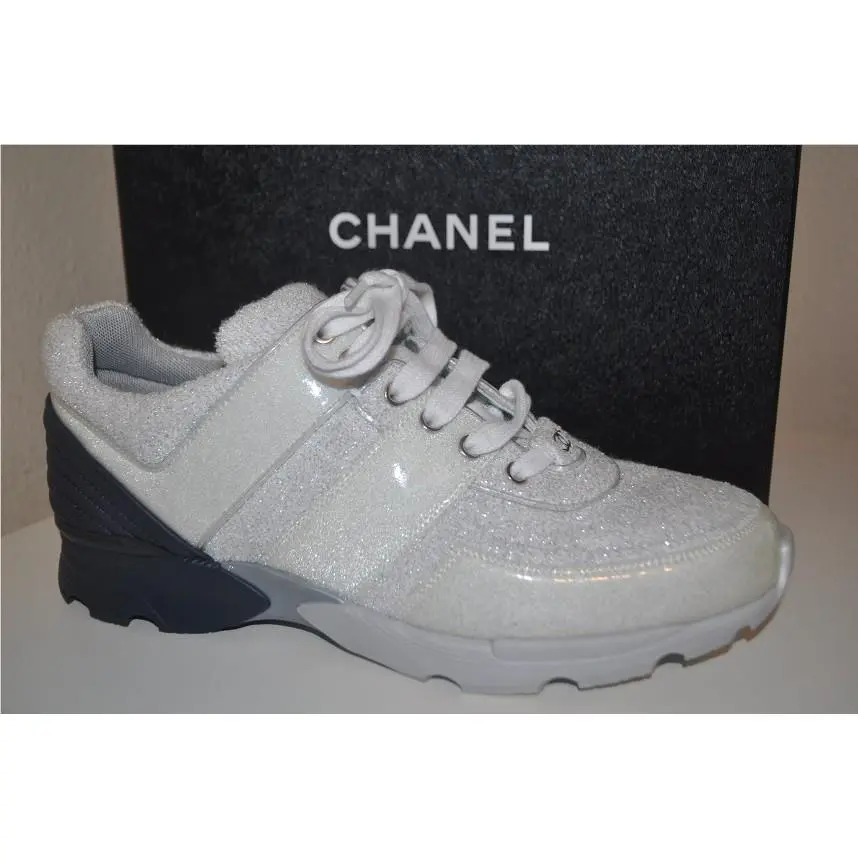 Chanel 17S Silver Terry Cloth CC Lace Up Sport Runner Trainer Sneaker 41.5
