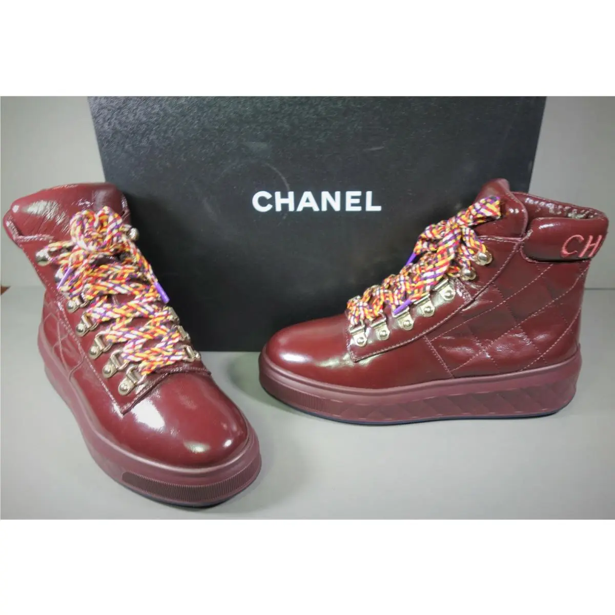 Chanel 36 Lace Up CC Burgundy Quilted Patent Biker Ankle Boots Booties