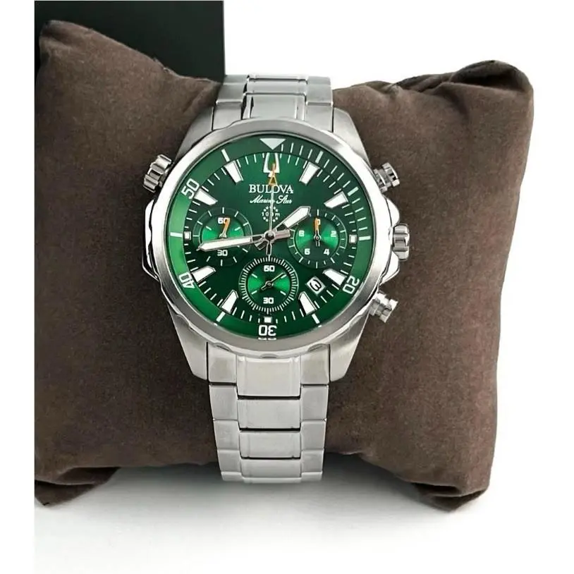 Marine Star Men’s Quartz Chronograph Date Green Dial SS Bracelet 100m by Bulova