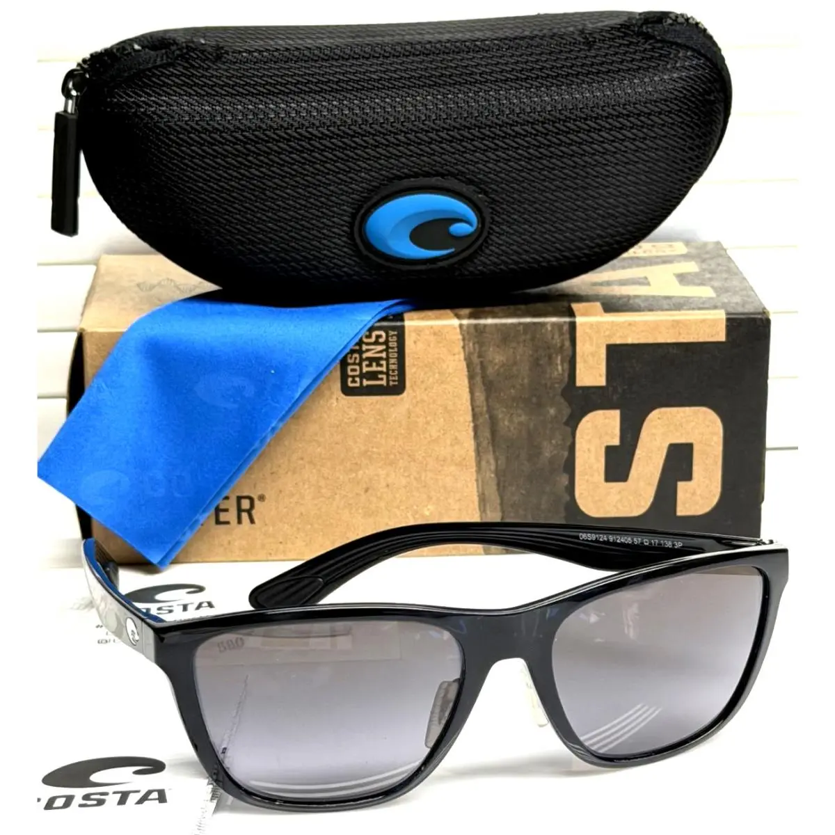 Glossy Black Corrientes Rectangular Polarized Sunglasses Glass 58 by Costa Del Mar