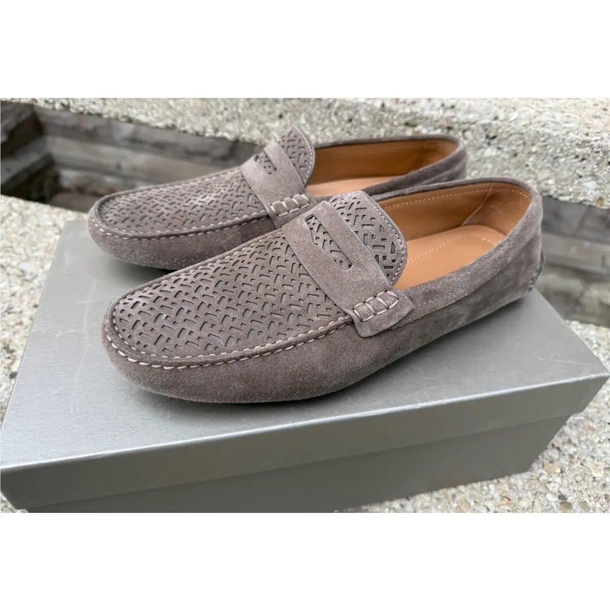 Taupe Tan Textured Suede Slip-on Driving Loafers US Size 9 by Giorgio Armani