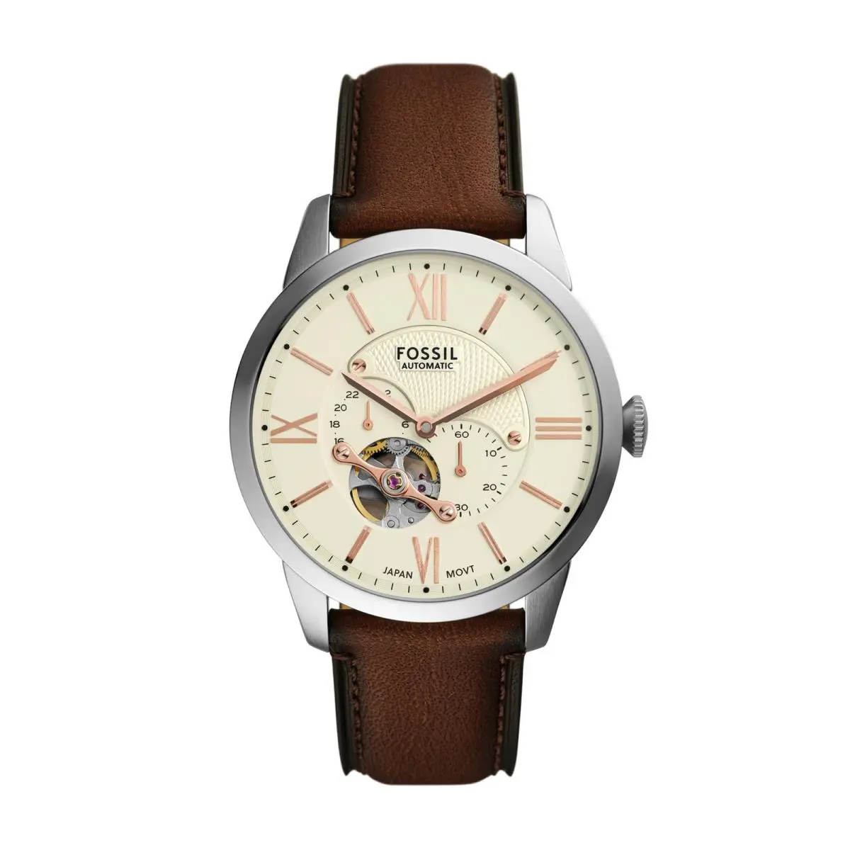Fossil Men`s Watch Townsman Multifunction 44MM Brown Leather/silver/cream