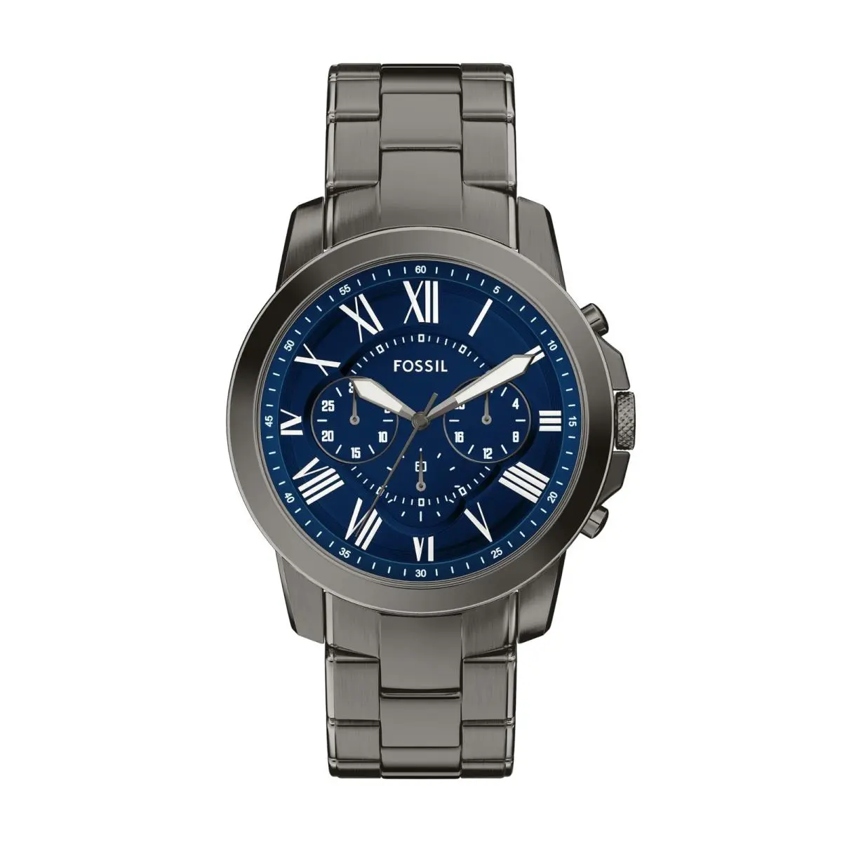 Fossil Men`s Watch Grant Quartz Stainless Steel Chronograph Gunmetal/blue