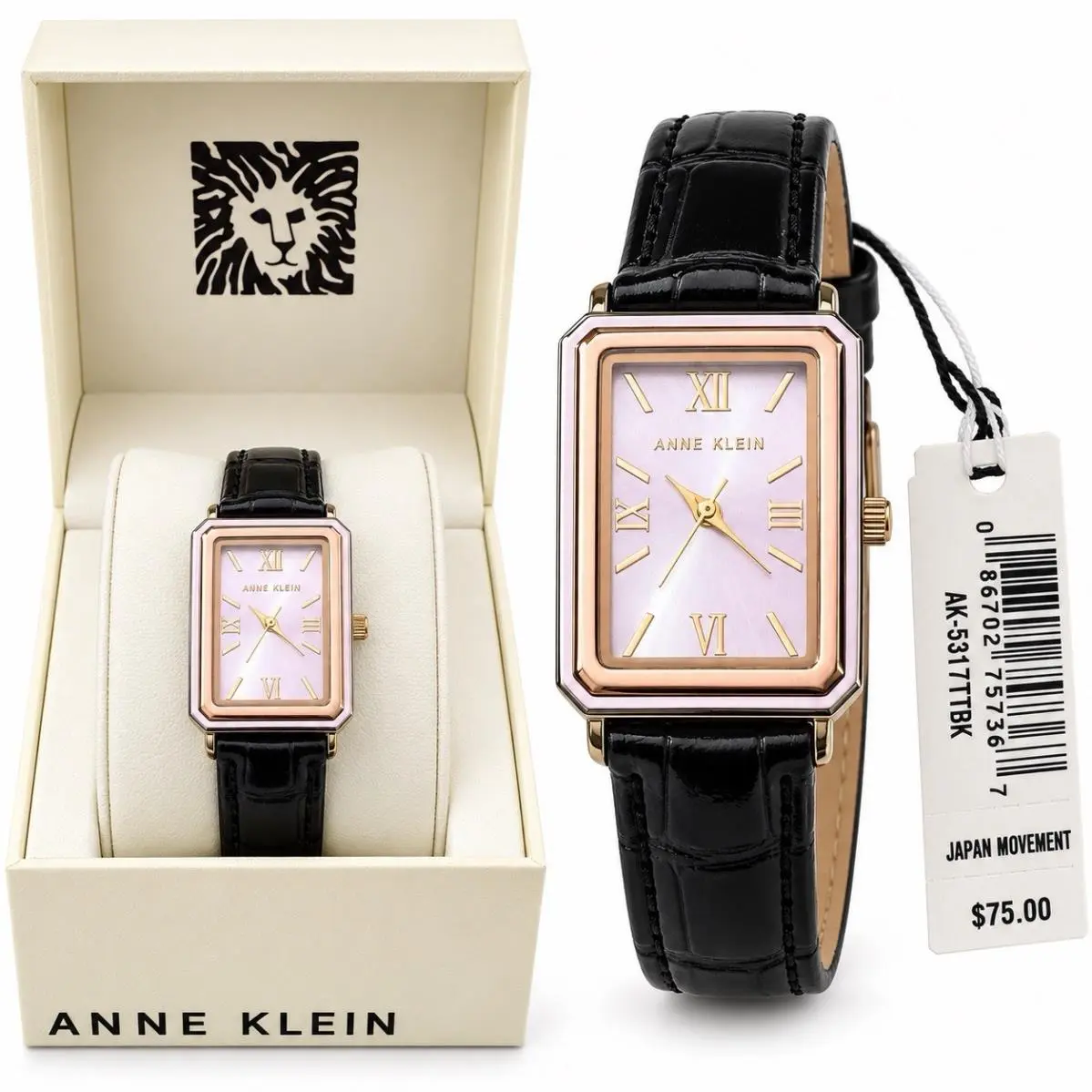 AK-5317TTBK Women’s Rectangular Watch Black Leather Band w/ Box by Anne Klein
