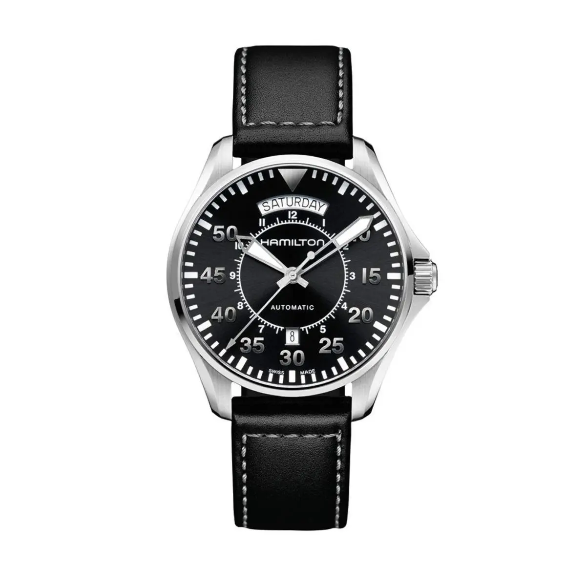 Khaki Aviation Pilot Day Date Auto Black / Leather Wristwatch H64615735 by Hamilton