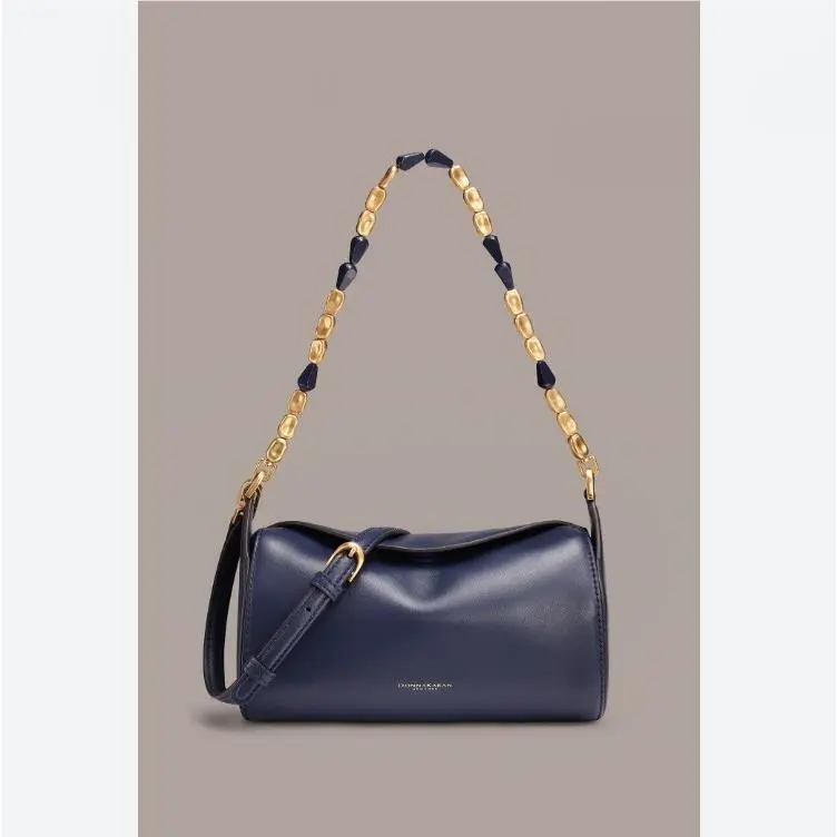 Donna Karan NY Crinole Leather Beaded Handle Barrel Shoulder Crossbody Bag- Navy