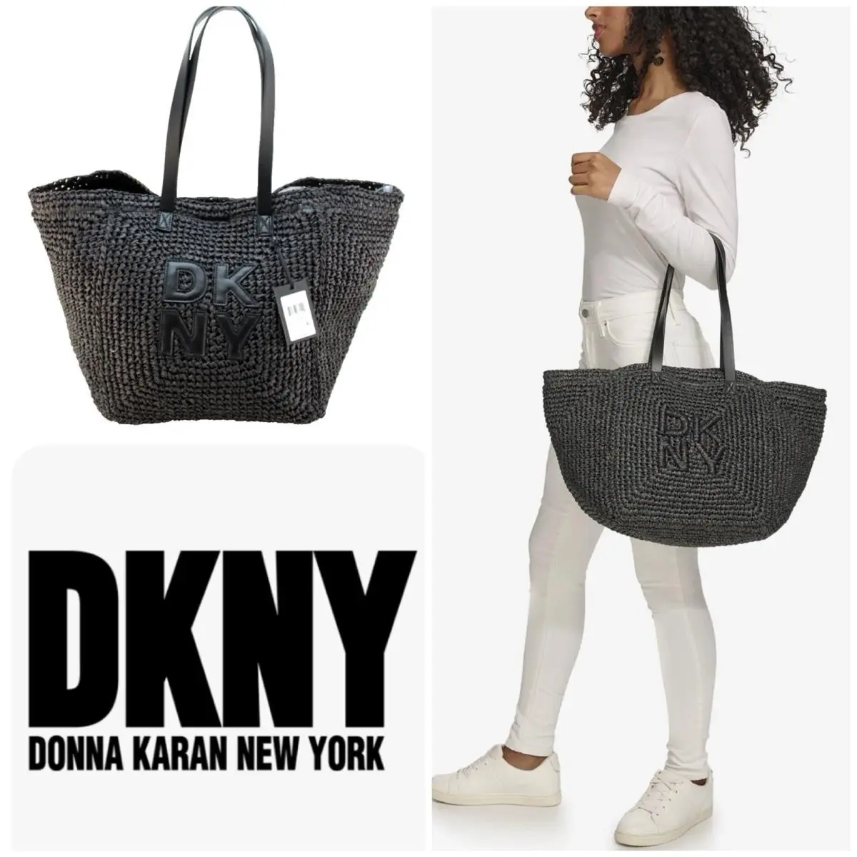 Dkny Paloma Natural Woven Crochet Straw Leather Logo Tote Handbag