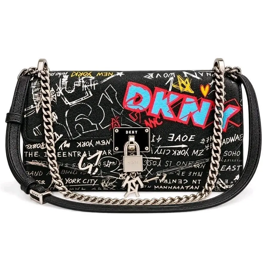 Dkny Elissa Graffiti Print Leather/ Chain Link Crossbody Bag Ret